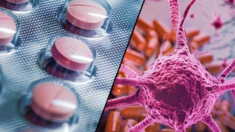 A photo of a sheet of menopause hormone treatment pills beside a cancerous cell, depicting that the treatment course is not linked to increased risk for breast cancer