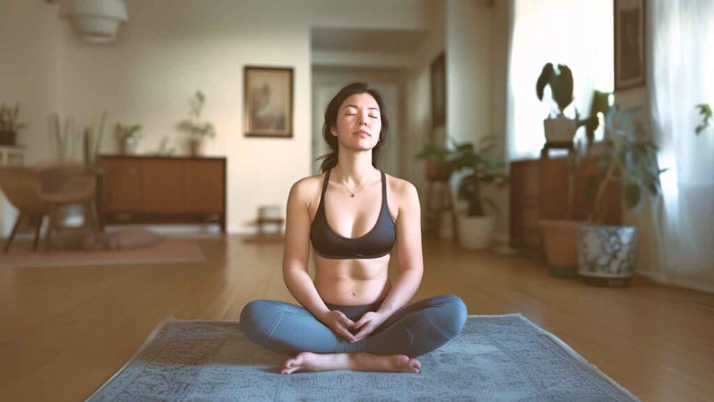 a woman practicing pelvic floor exercises on her mat at home.
