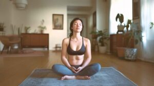 a woman practicing pelvic floor exercises on her mat at home.