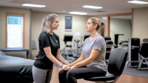 A pelvic pain specialist practicing deep breathing exercises with a client