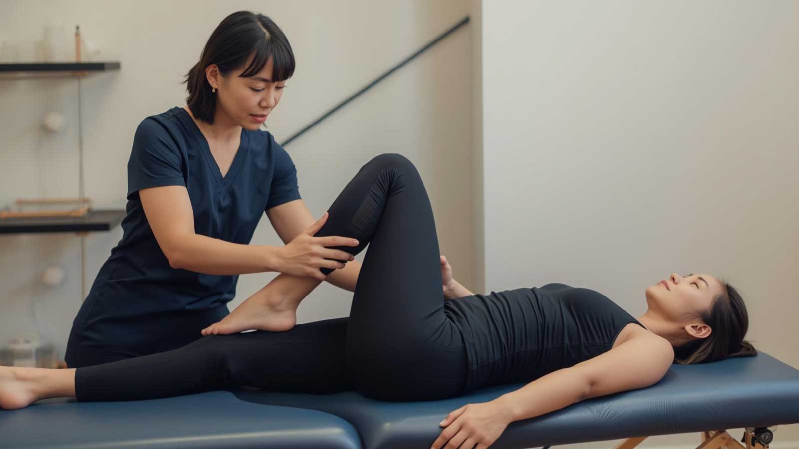 A therapist helping a woman perform pelvic exercises.
