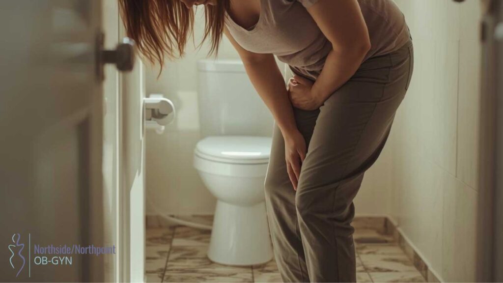 A woman in the bathroom, clutching her abdomen in discomfort.