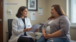 OB-GYN discussing care options with a patient.