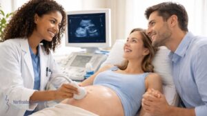 Expectant parents share a moment of joy during an ultrasound appointment.