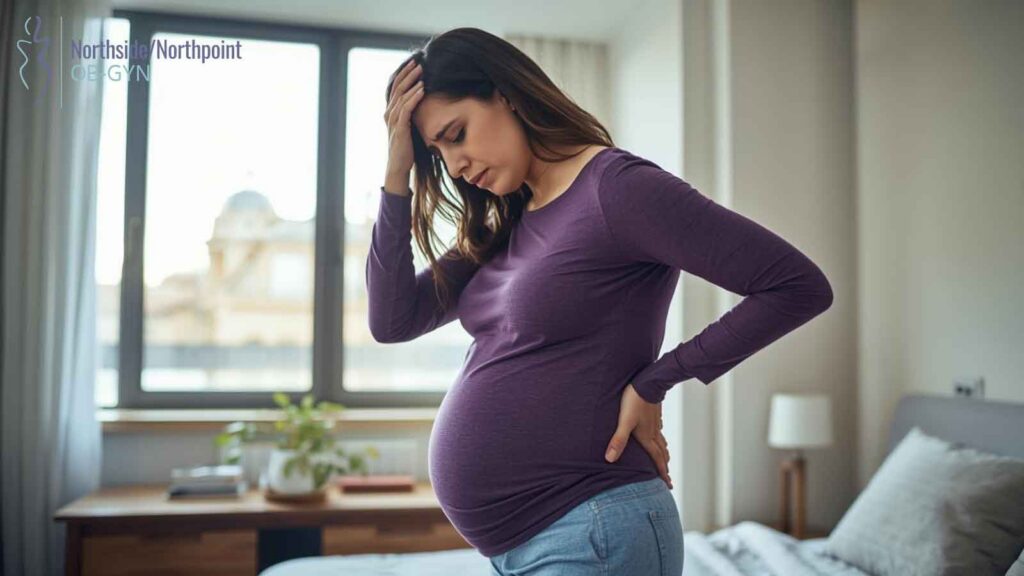 A pregnant woman experiencing pain or discomfort.