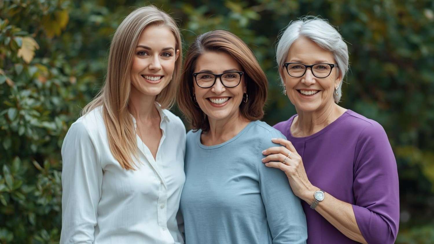 A young woman, a middle-aged woman, and a senior woman pose together in a park.