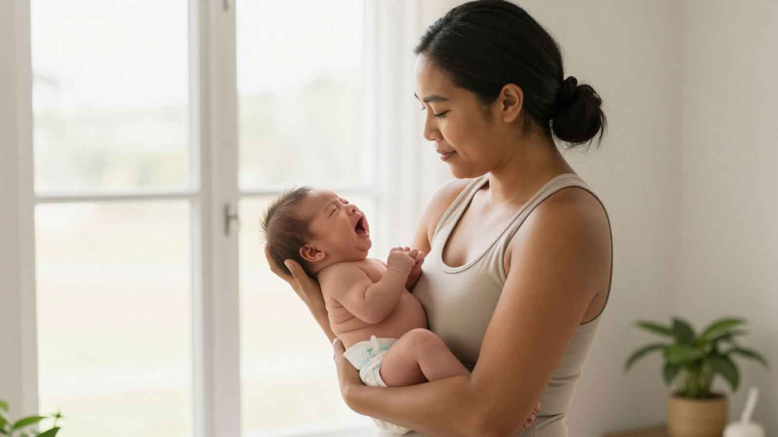 Mother holding newborn baby near window during early postpartum period.