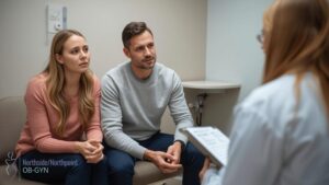 Couple focused on the doctor’s explanation regarding fertility treatment options.