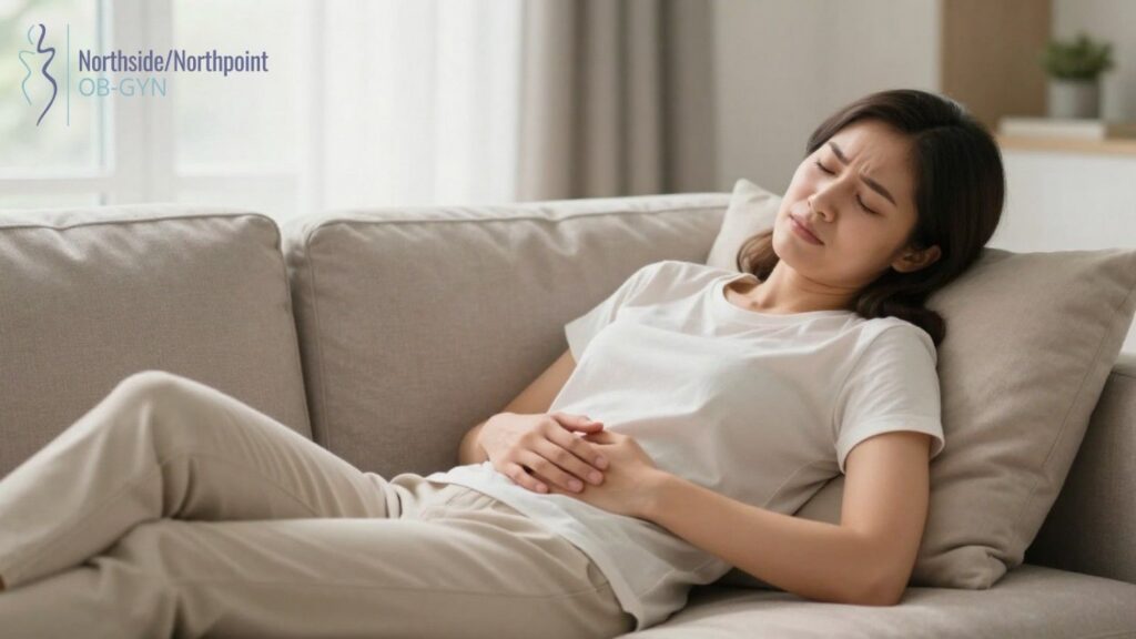 Woman lying on couch holding lower abdomen with discomfort.