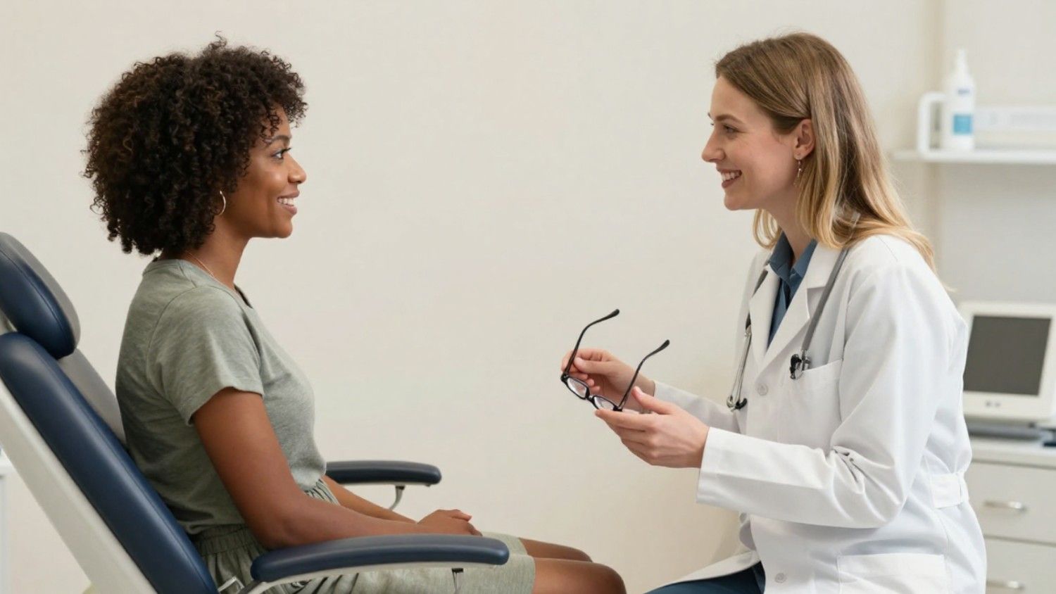 Medical consultation between a doctor and a female patient.