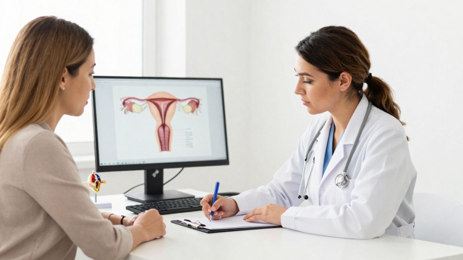 Doctor discussing uterine fibroid diagnosis with patient in clinic.
