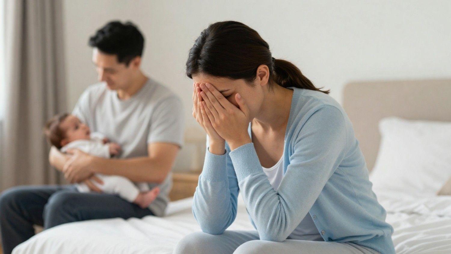 A new mother feeling emotionally overwhelmed.