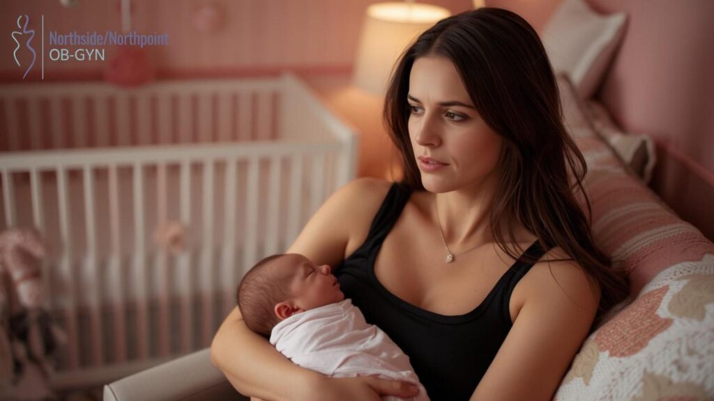 A new mother gazing off into the distance while holding her newborn baby.